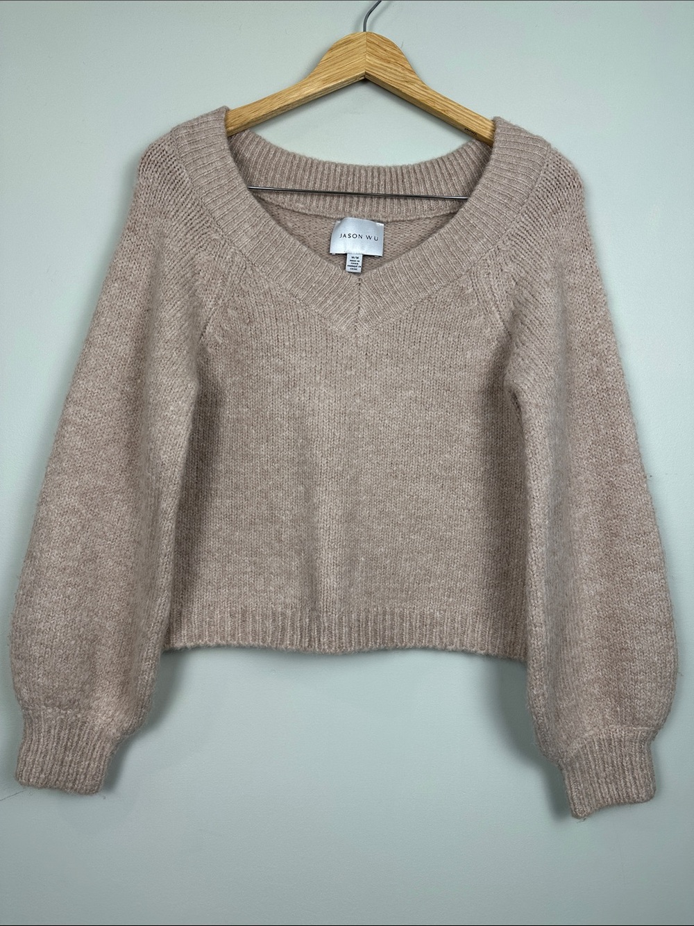 109. JASON WU oatmeal wool acrylic blend V neck sweater balloon sleeves